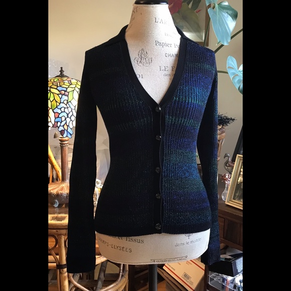 INTERMIX “Sienna” NWTs Striped Cardigan Buttons Collar Black Blue Green … - Picture 5 of 13
